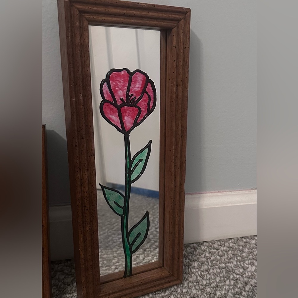 Hand-Painted Floral Mirror Panel - Pink & Green Tulip/poppy